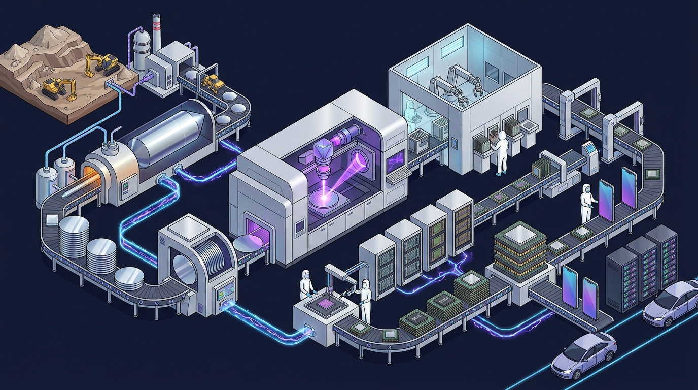 One continuous line from raw materials to finished devices. Every station on it is a separate industry with its own leaders.